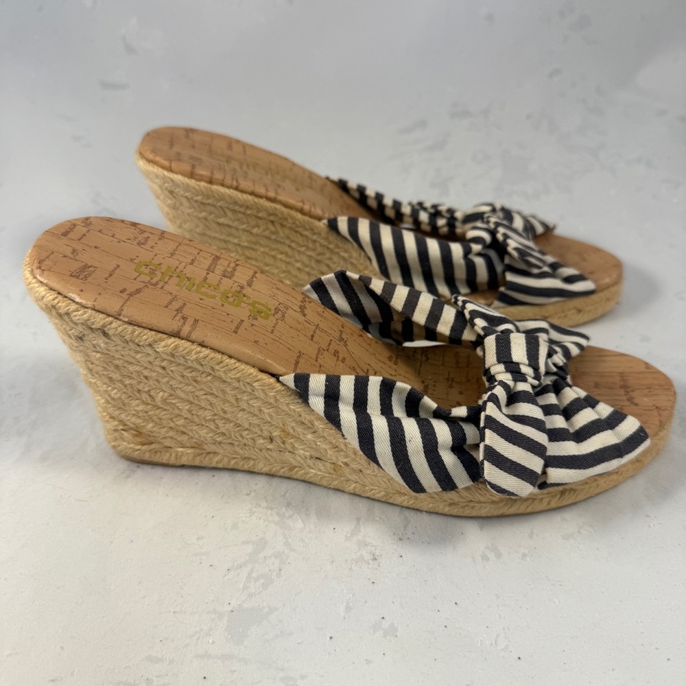 Chico's Fabric Bow Navy & White Striped Espadrille Sandals, Cork Style Wedge
